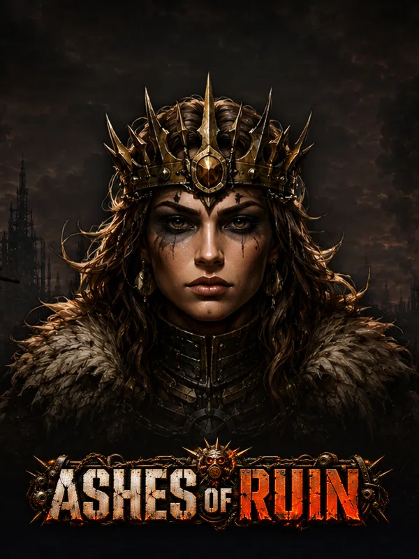 Ashes of Ruin key art: the crowned wasteland queen before a burning skyline, the logo across the foot