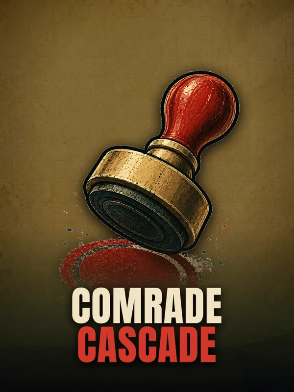 Comrade Cascade key art: a rubber stamp over a municipal office wall, the name lettered across the foot
