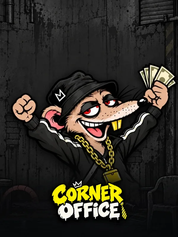 Corner Office key art: the rat in a tracksuit waving a fistful of cash in a city courtyard, the logo across the foot