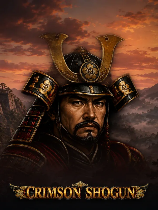 Crimson Shogun key art: the armoured shogun before misted mountains at a blood-red sunset, the logo across the foot