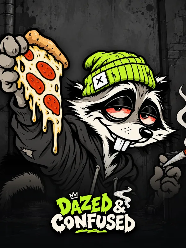 Dazed & Confused key art: the stoned raccoon with a slice of pizza in a rain-slick alley, the logo across the foot