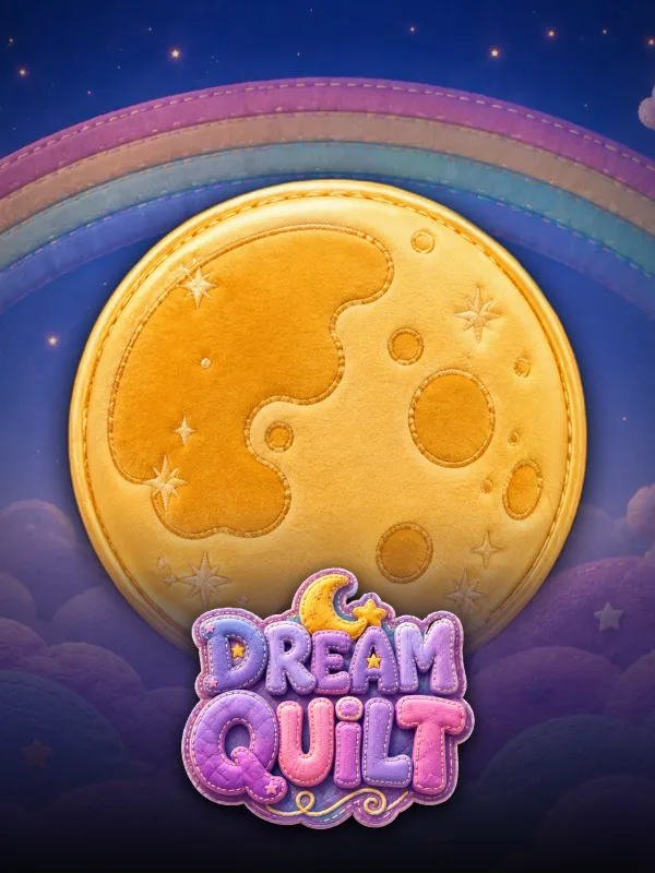 Dream Quilt key art: a stitched golden moon under a quilted rainbow, the logo across the foot