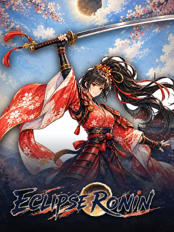Eclipse Ronin key art: the crimson ronin raising her katana under a total eclipse over a shrine city, the logo across the foot