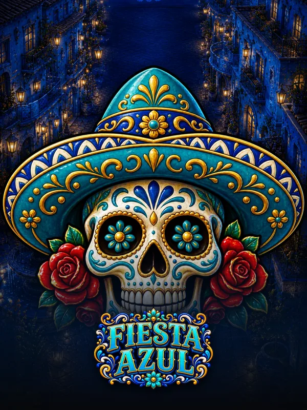 Fiesta Azul key art: a sugar skull in a sombrero in a moonlit Talavera-blue courtyard, the logo across the foot