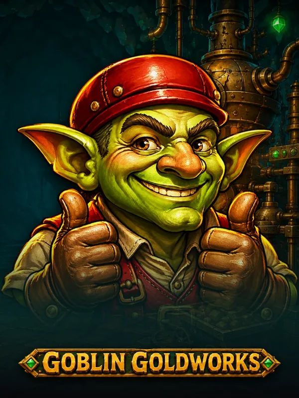 Goblin Goldworks key art: the goblin foreman giving two thumbs up in a lamplit mint, the brass sign across the foot