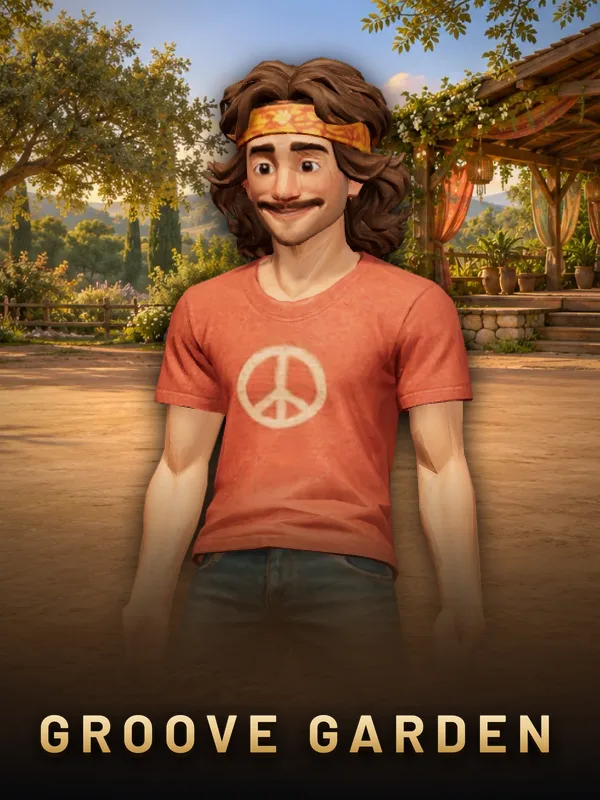 Groove Garden key art: the hippie in a peace-sign tee in a sunlit garden courtyard, the lettered wordmark across the foot