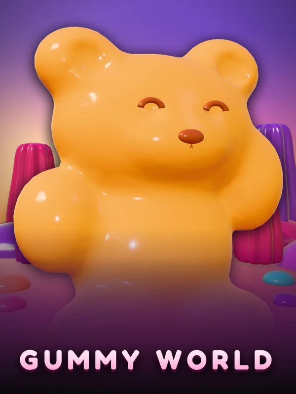 Gummy World key art: the orange jelly bear on a candy landscape under a violet sky, the lettered wordmark across the foot