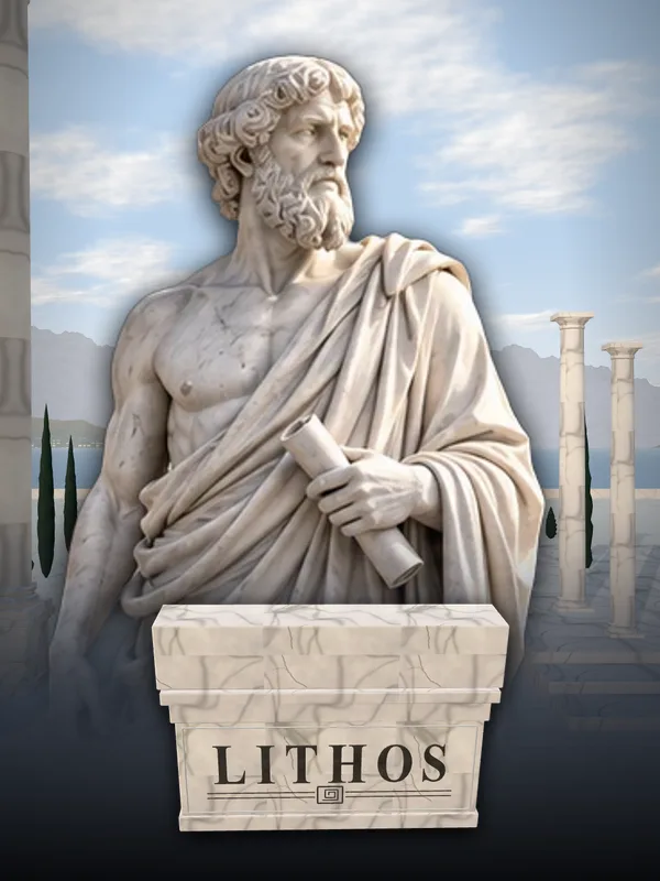 Lithos key art: a marble philosopher holding a scroll on a temple terrace by the sea, the carved LITHOS lintel across the foot