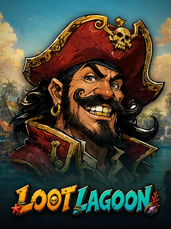 Loot Lagoon key art: the grinning pirate captain over a sunlit pirate lagoon, the carved sign across the foot