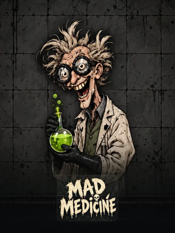 Mad Medicine key art: the wild-haired doctor holding a bubbling flask in his laboratory, the dripping wordmark across the foot