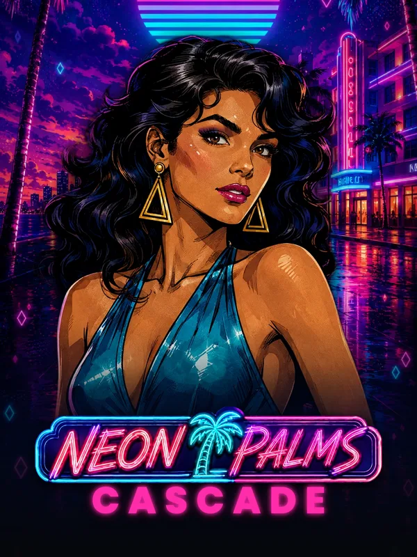 Neon Palms Cascade key art: the diva in a blue dress under a synthwave sunset, the neon sign and CASCADE across the foot