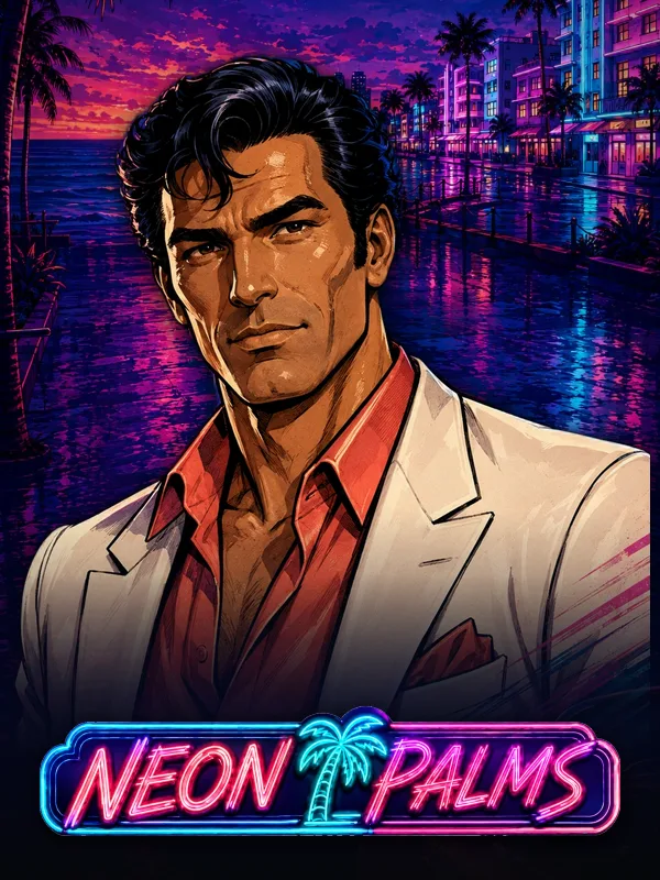 Neon Palms key art: the driver in a white suit on a neon Ocean Drive at night, the neon sign across the foot