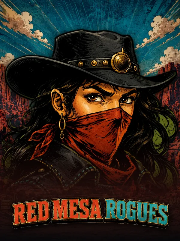 Red Mesa Rogues 3 key art: the masked cowgirl in front of a red canyon boomtown, the logo across the foot