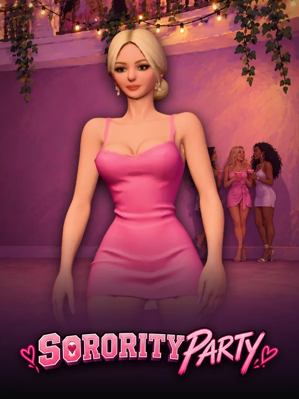 Sorority Party key art: the hostess in a pink satin dress in a violet party room with guests behind her, the logo across the foot
