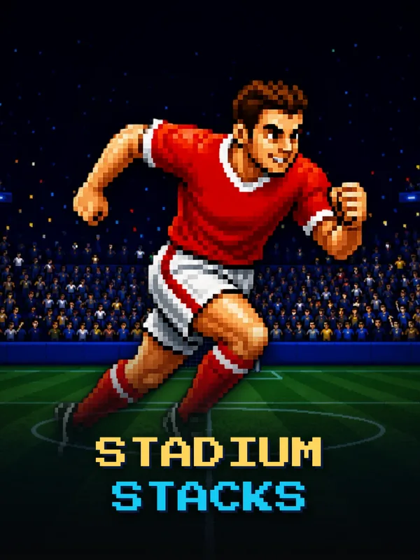 Stadium Stacks key art: a pixel-art striker sprinting across a floodlit pitch, the name lettered across the foot